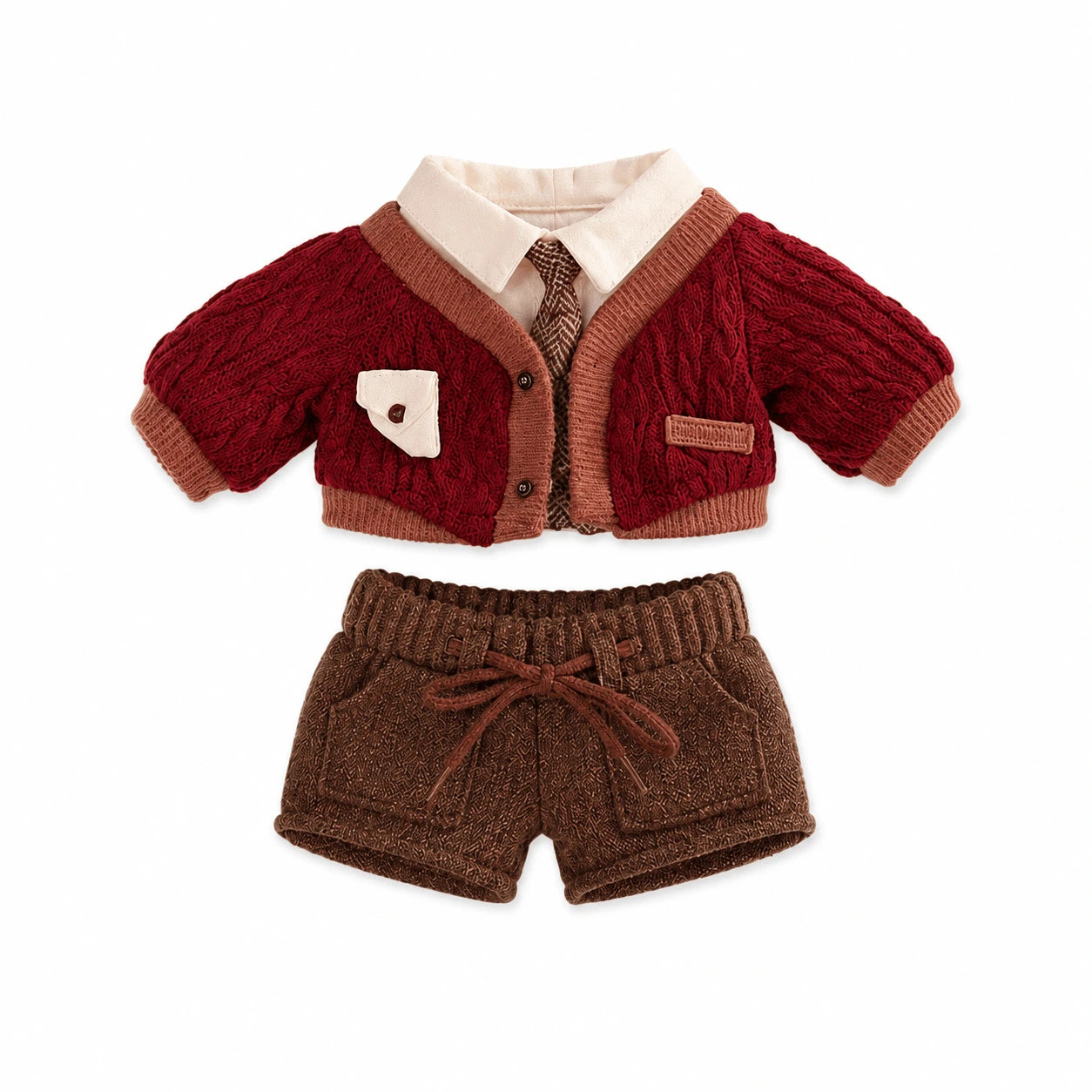 20cm plush doll clothes set featuring a red knit cardigan, shirt, tie and brown shorts outfit