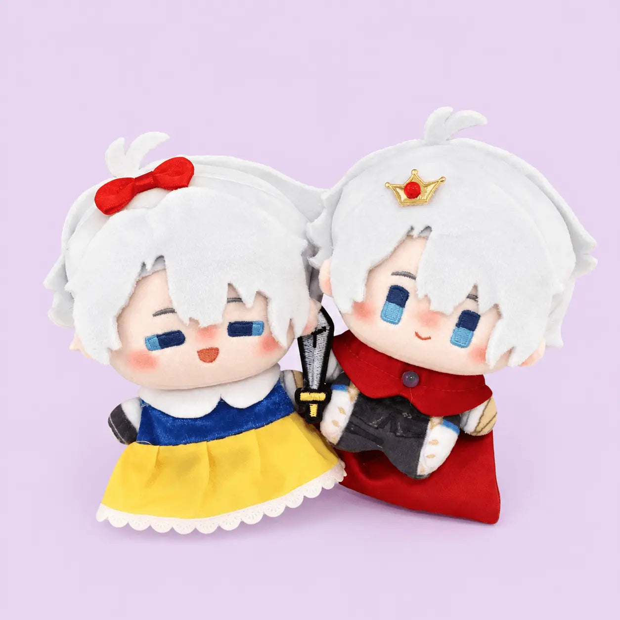 Anime plush collection banner featuring two 10cm white hair plush dolls with embroidered faces and character outfits
