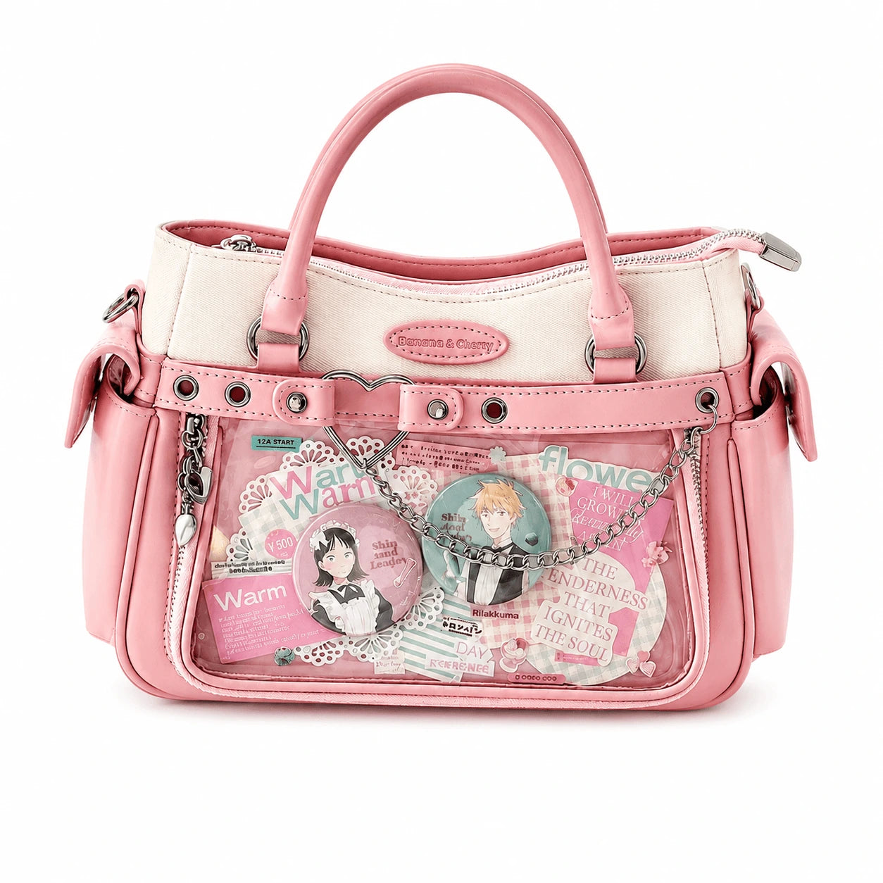 Pink ita bag with clear display window for plush dolls, anime badges, pins and cute decorative accessories