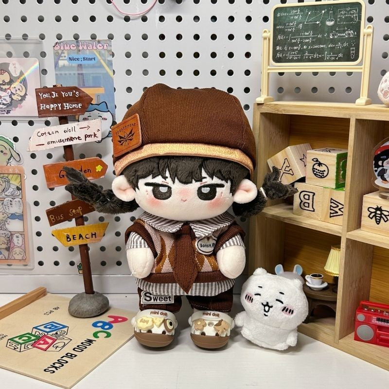 Korean Vintage Doll Clothes For 20cm Plush 5PCS Outfit Set With Pants, Beret, Vest, Tie & Shirt